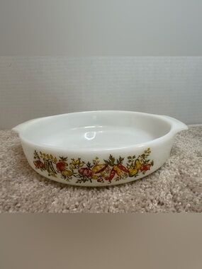 Anchor Hocking White Casserole 9in Dish with Autumn Vegetable Decal, Vintage,